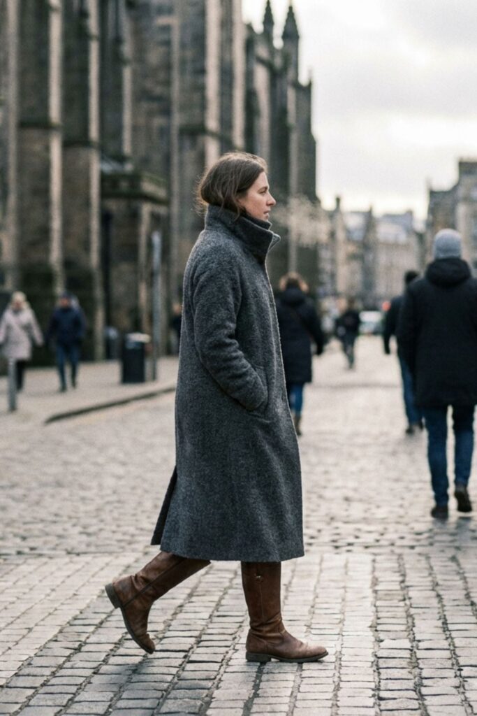 Woman in a long grey coat walking on a cobblestone street in a busy city
