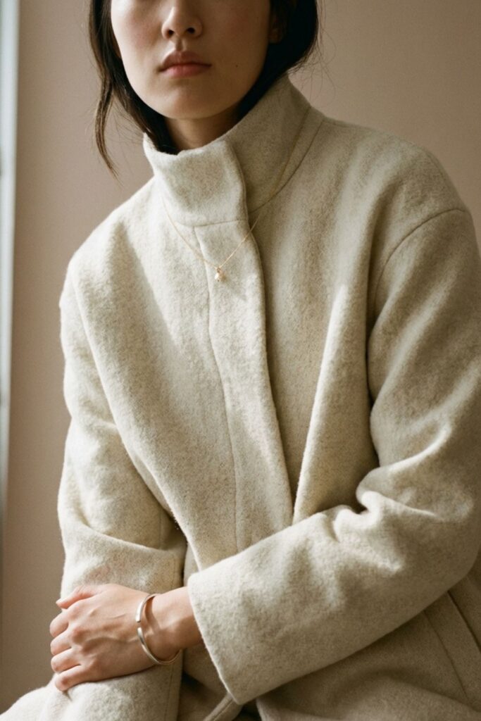 Close-up of woman wearing a soft beige jacket with minimal jewelry in natural light