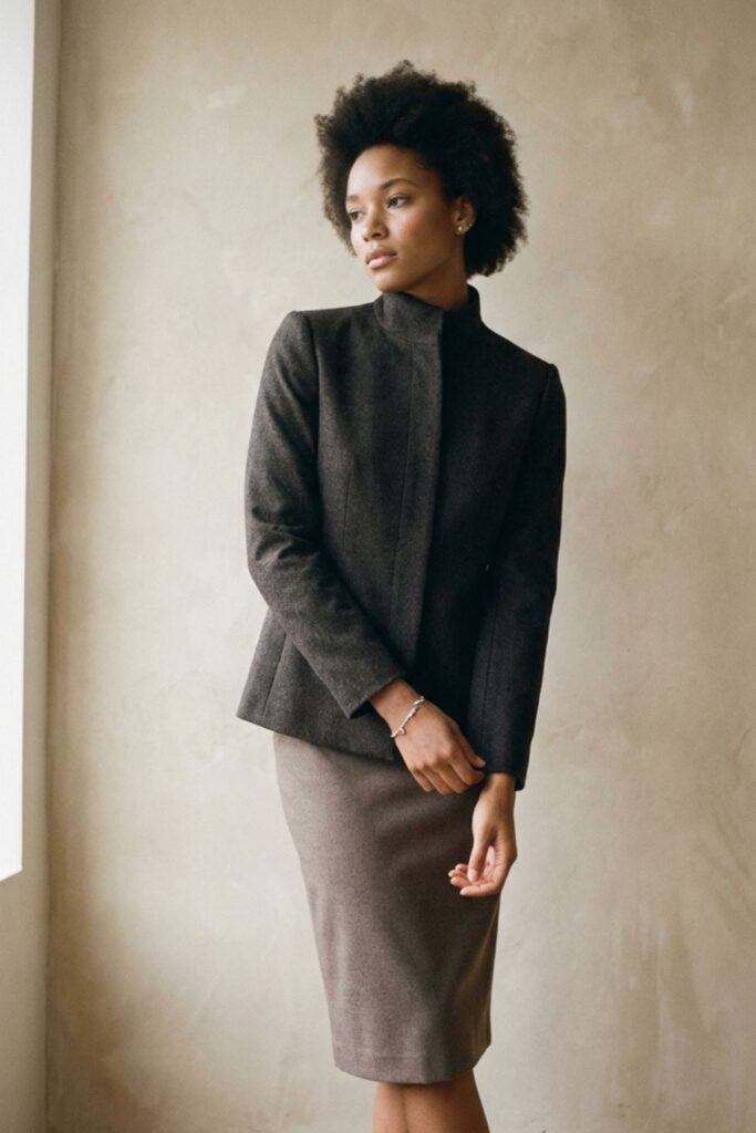 Woman wearing a structured dark jacket and skirt standing in a minimalist sunlit room