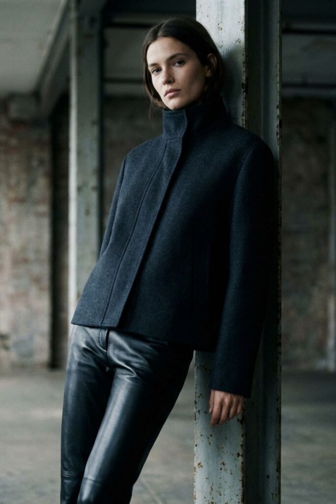 Woman in a structured dark jacket and leather pants leaning against an industrial wall