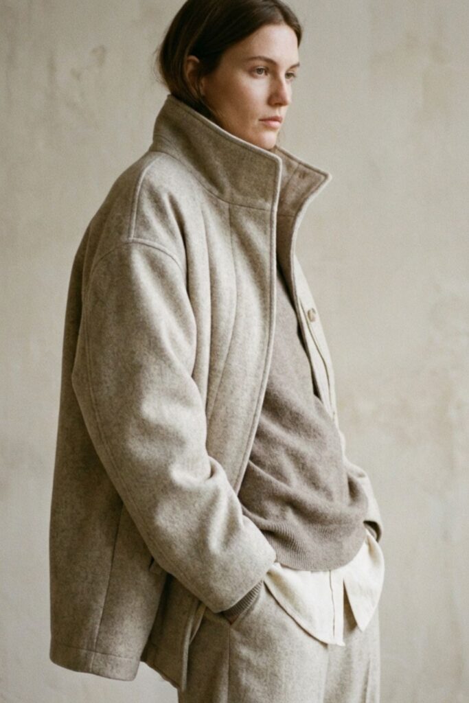 Woman in a beige wool jacket layered over neutral knitwear in a minimalist indoor setting