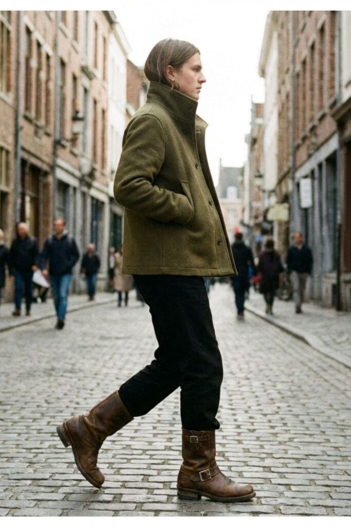 Person in an olive green jacket walking across a cobblestone street in a European city