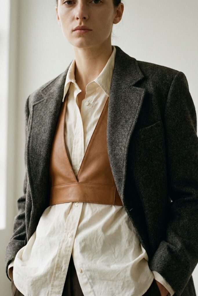 Close-up of woman wearing a tailored blazer layered over a shirt and brown leather harness detail in soft natural light