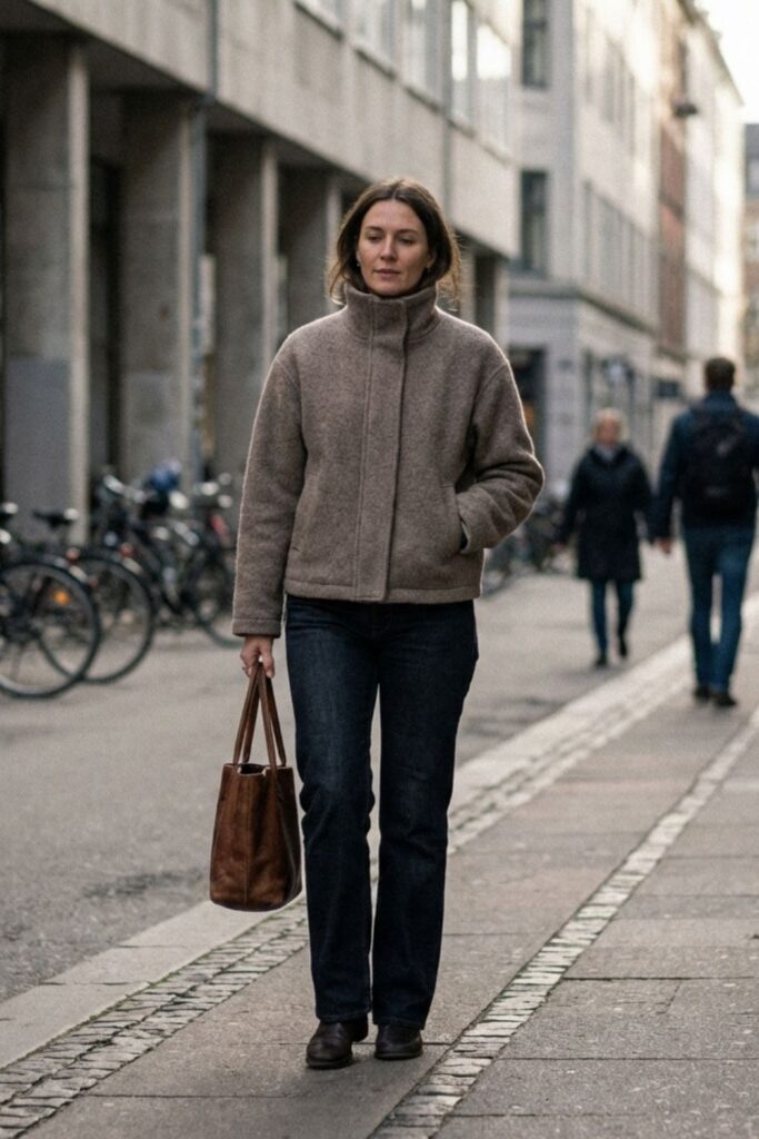 Woman walking on city street wearing coat and carrying bag