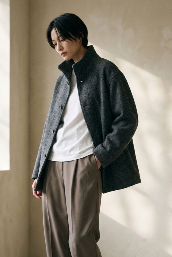 Woman wearing gray jacket and neutral outfit indoors