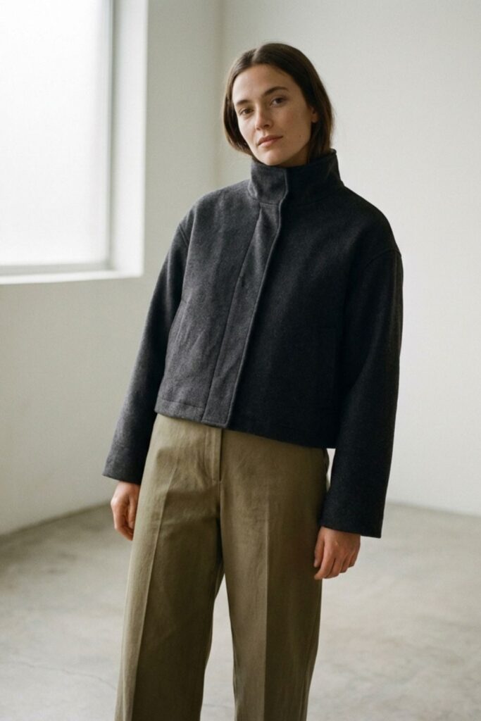 Woman wearing dark cropped jacket and wide-leg pants indoors