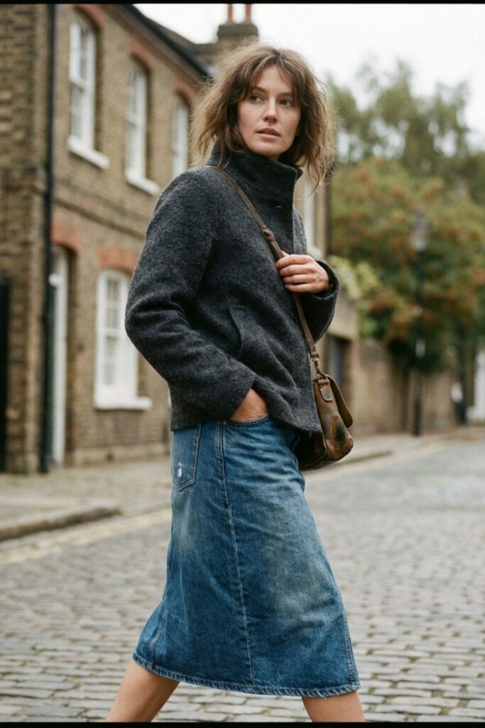 Woman in dark jacket and denim skirt walking on a quiet street with crossbody bag