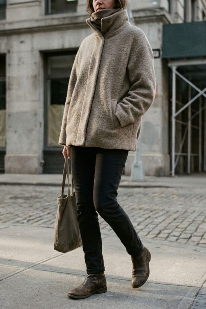 Person wearing oversized neutral jacket, black jeans, and ankle boots walking outdoors