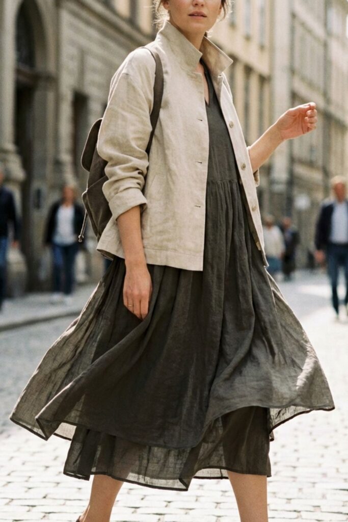 Woman walking on cobblestone street wearing beige jacket and flowing dress