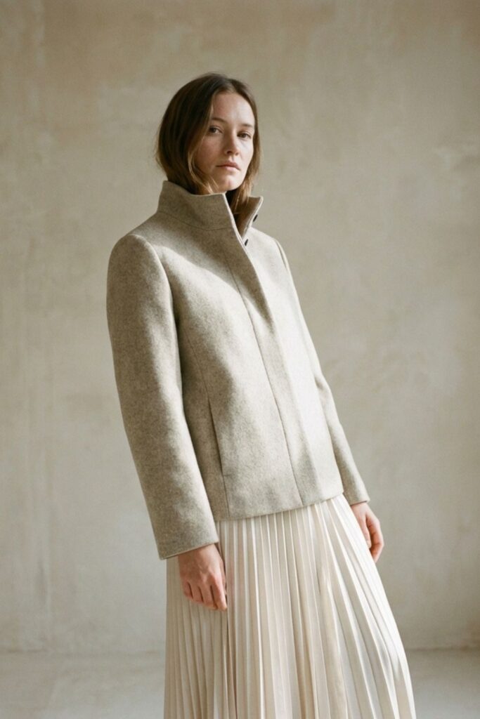 Woman wearing light neutral jacket and pleated skirt in a minimalist studio setting