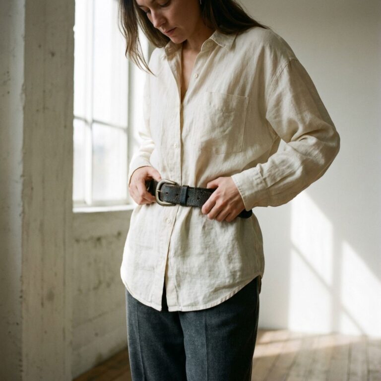 Close-up of a person styling a chunky belt over a loose beige button-down shirt in soft natural window light