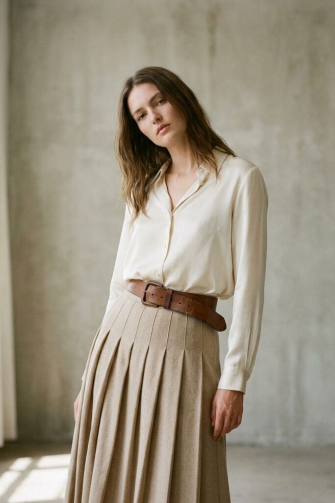 Woman wearing a linen dress with a chunky brown belt, standing outdoors in warm sunlight with soft beige tones and a summer feel