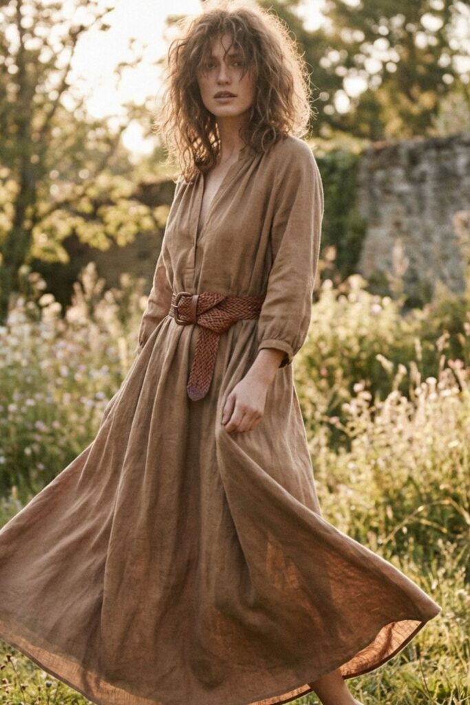 Woman wearing a flowy brown linen dress with a chunky belt, walking outdoors in warm golden sunlight with a soft summer aesthetic