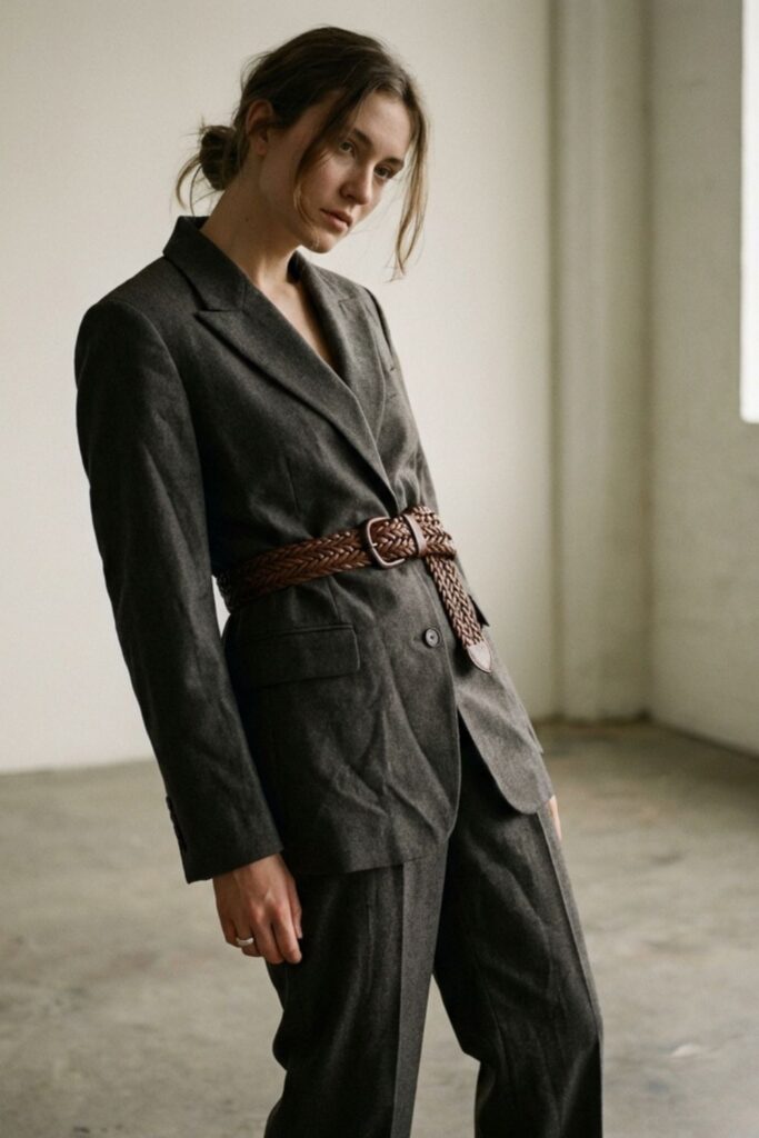 Model in a tailored dark suit cinched with a chunky woven belt, modern minimalist setting with soft natural light