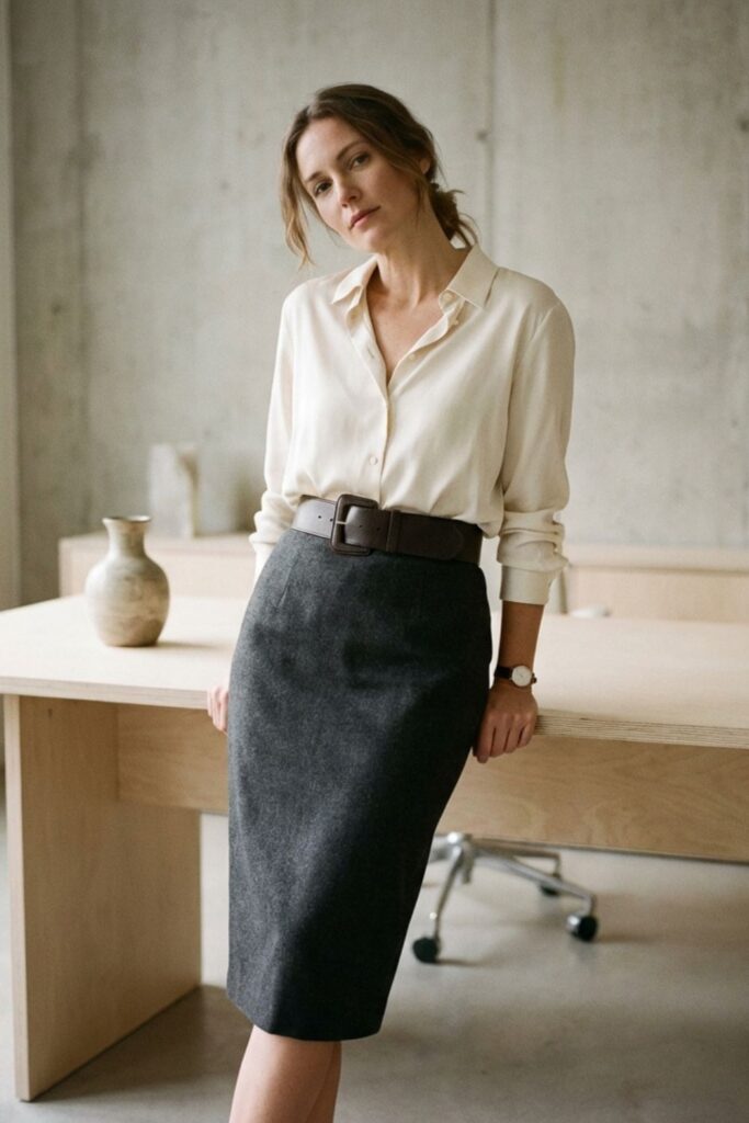 Woman wearing a cream blouse tucked into a dark pencil skirt with a chunky belt, minimalist neutral interior and soft lighting