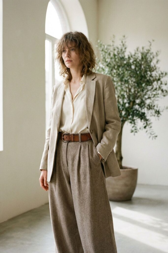 Model in a neutral-toned blouse and wide-leg trousers styled with a chunky belt, standing in a softly lit minimalist space with natural light