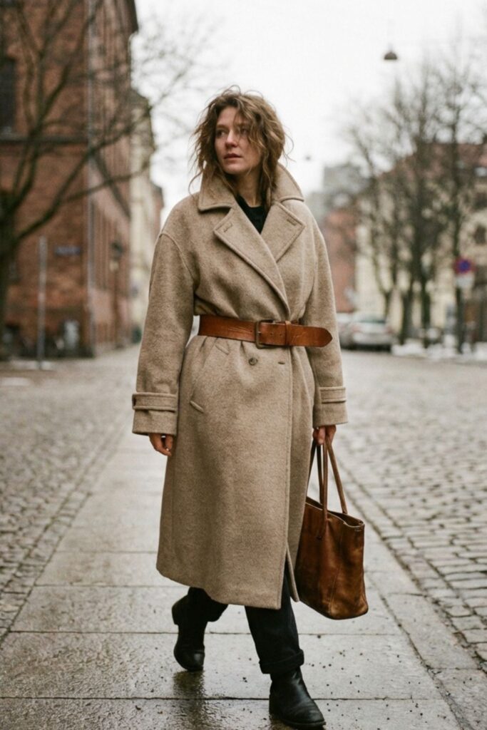 Woman walking on a cobblestone street wearing a beige coat with a chunky belt, holding a leather bag, muted urban winter setting