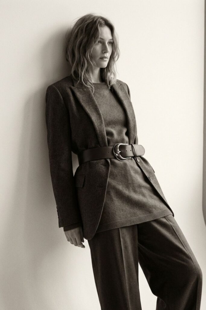 Model wearing a monochrome brown outfit with a tailored blazer and wide-leg trousers, cinched with a chunky belt, soft minimal interior lighting