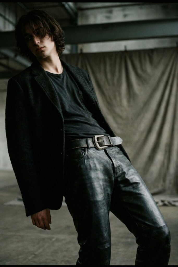 Model in an edgy black outfit with leather pants, blazer, and chunky belt, moody industrial setting with low lighting