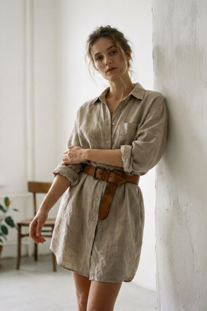 Woman in an oversized linen shirt dress cinched with a chunky belt, standing in a bright, airy minimalist room