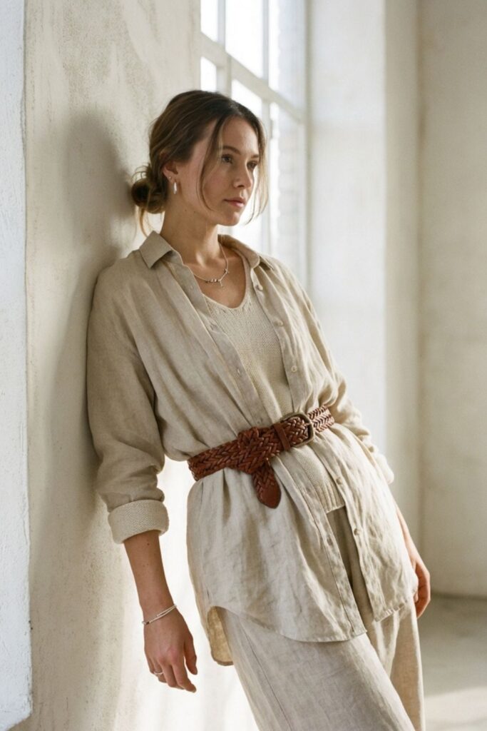 Woman in a relaxed linen set with a braided chunky belt, leaning against a wall in a softly lit neutral-toned interior
