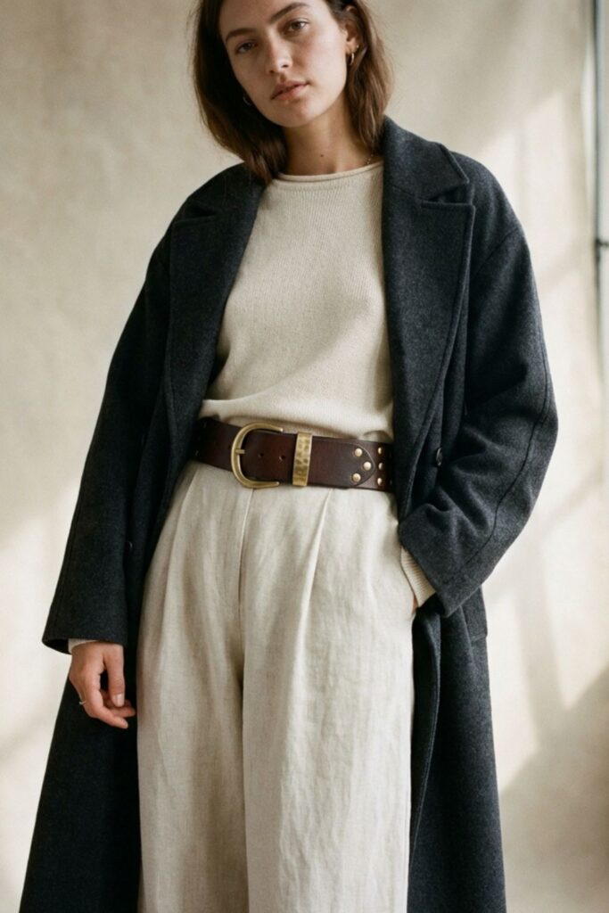 Model wearing a minimalist neutral outfit with a dark coat, wide-leg trousers, and a chunky belt, soft natural window lighting