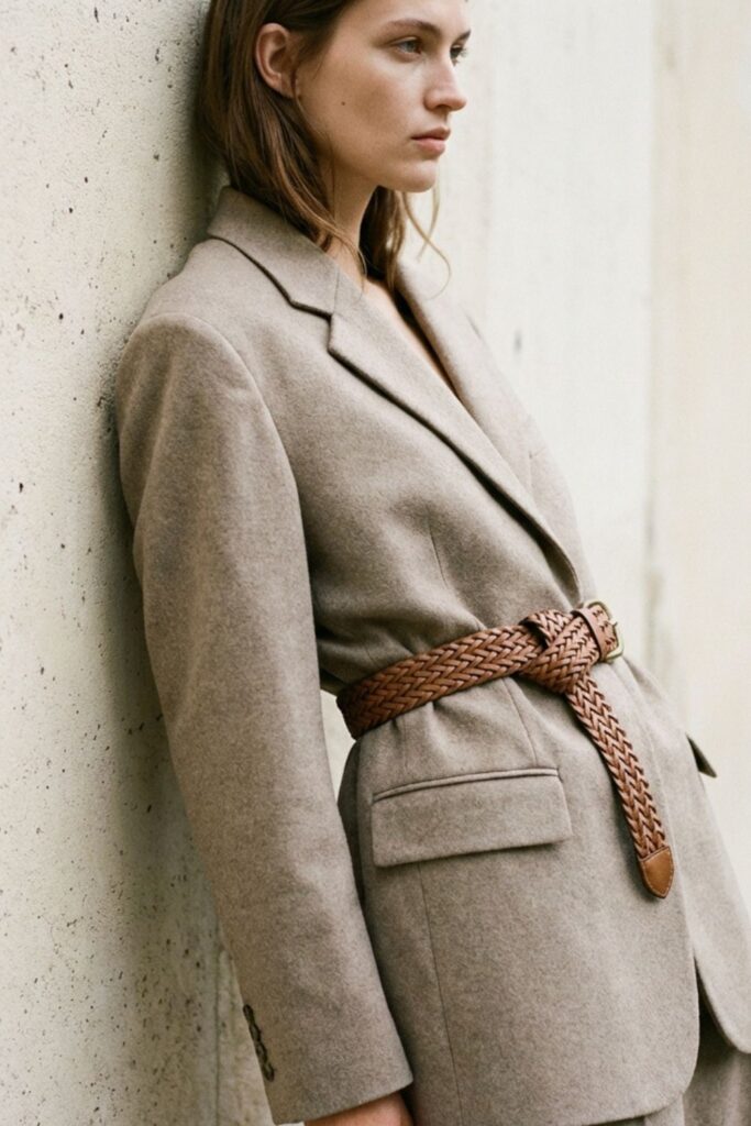 Model leaning against a wall wearing an oversized neutral blazer cinched with a woven belt, minimalist styling