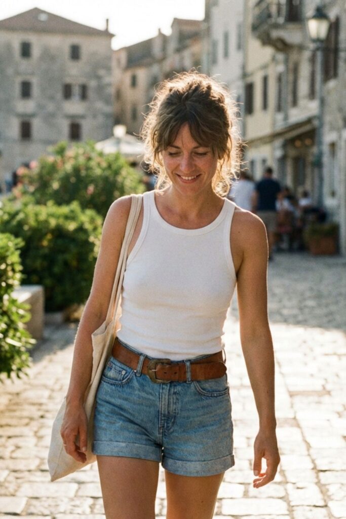 Woman walking along a sunlit cobblestone street wearing a white tank top, denim shorts, and a tote bag, smiling casually