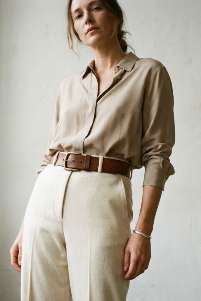 Model wearing a neutral button-down shirt tucked into high-waisted cream trousers with a brown leather belt, clean and elegant look