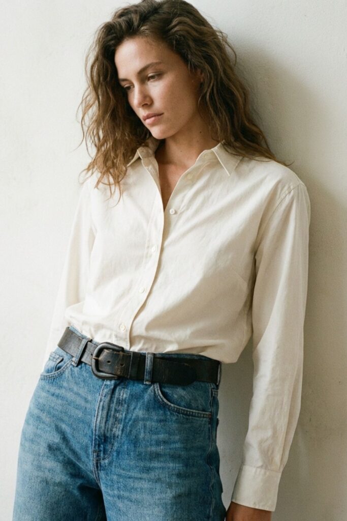 Woman leaning against a wall wearing a cream button-down shirt tucked into blue jeans with a black belt, minimalist style