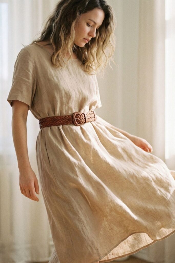 Woman wearing a flowy beige dress cinched with a woven belt, standing in soft natural light indoors