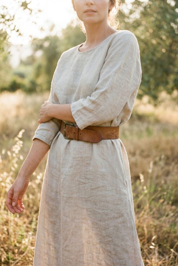 Model in a pleated skirt and blouse styled with a chunky belt, elegant neutral palette and minimalist indoor setting