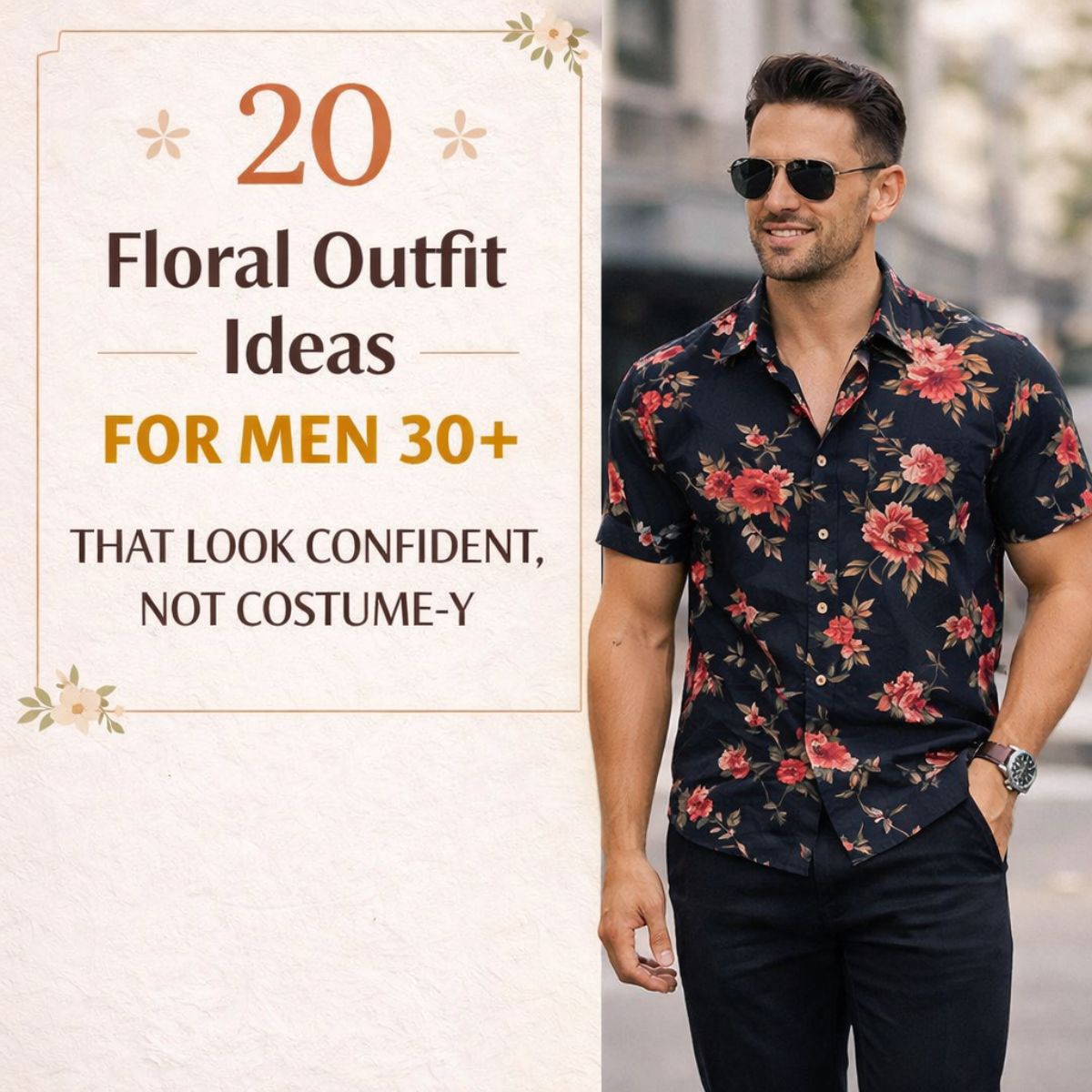Cover image featuring a stylish man wearing a black floral short-sleeve shirt, with text reading: “20 Floral Outfit Ideas for Men 30+ That Look Confident, Not Costume-y.”
