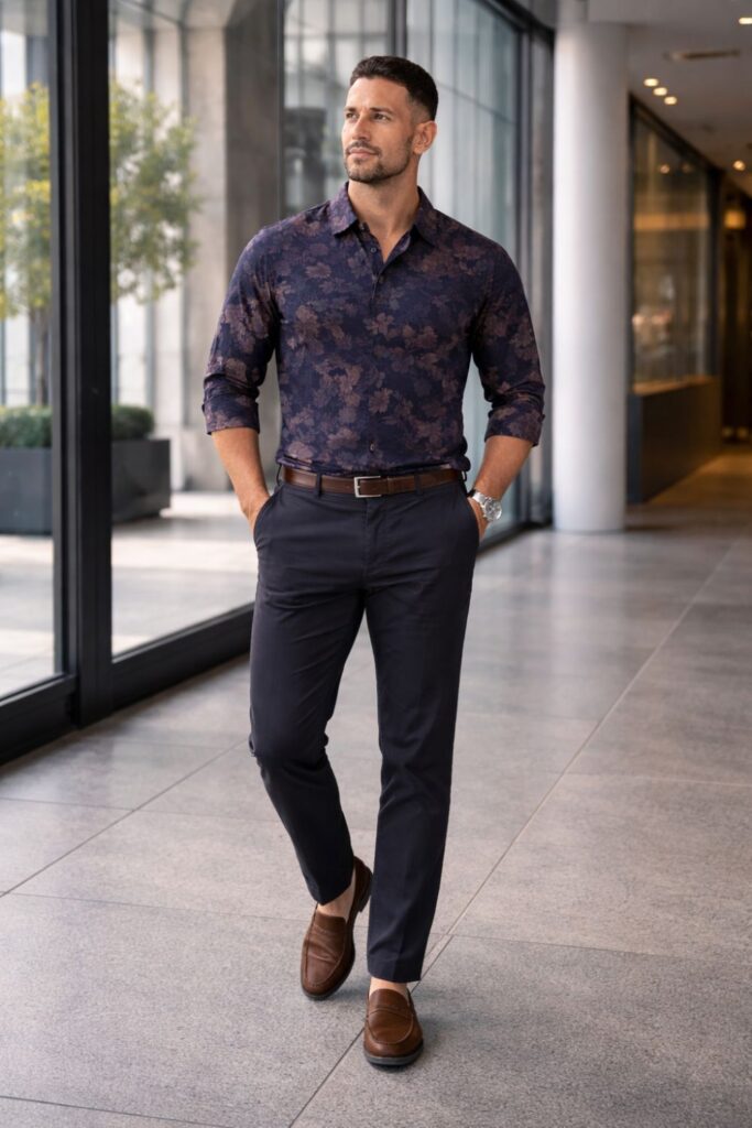 Man wearing a deep plum-toned floral button-down tucked into tailored navy trousers with a brown leather belt and loafers, creating a sharp, elevated business-casual look with subtle personality.