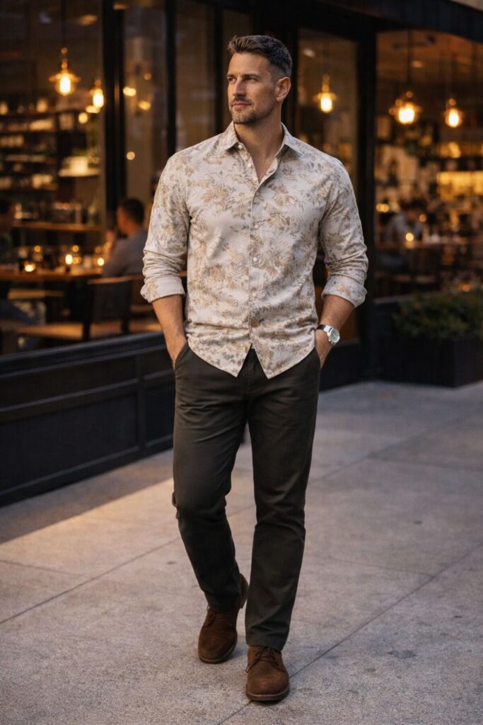 Man wearing a light beige floral button-down with dark tailored trousers and suede lace-up shoes, styled for a refined evening look that feels polished yet effortless.