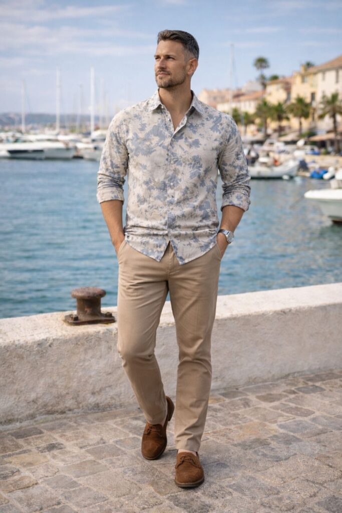 Man wearing a soft blue-grey floral button-down paired with beige chinos and brown suede shoes, styled for a relaxed yet refined coastal look that feels mature and effortless.