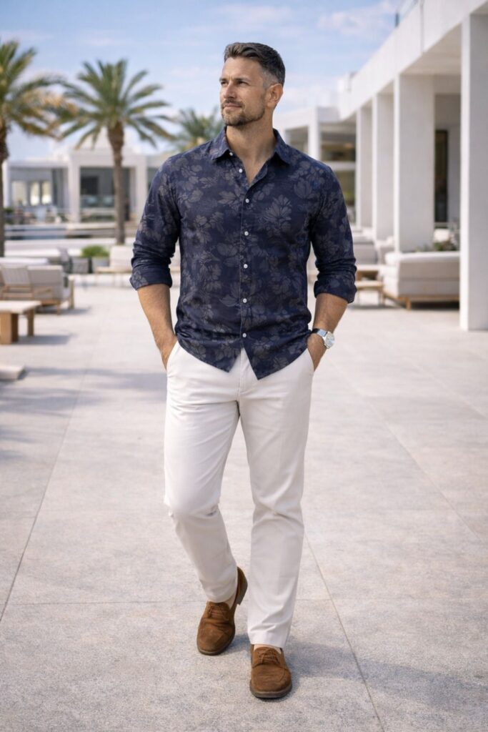 Man wearing a navy tonal floral button-down styled with crisp off-white trousers and brown suede shoes, creating a fresh resort-ready look that feels confident, clean, and effortlessly refined.
