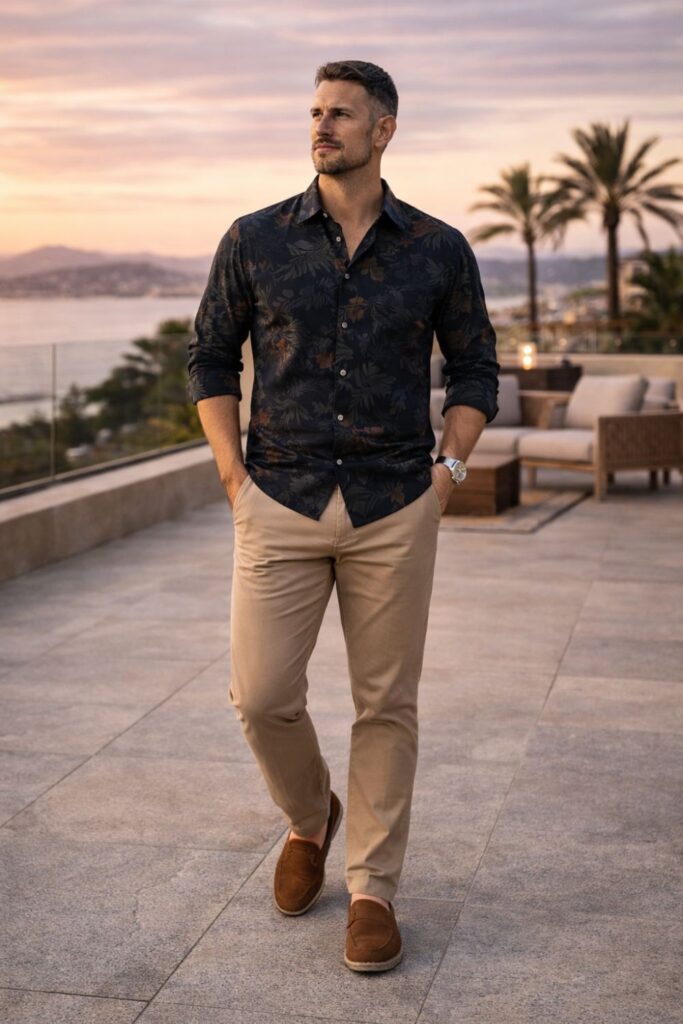 Man wearing a dark, muted floral button-down paired with tailored beige chinos and brown loafers, styled for a polished sunset-ready look that feels relaxed, masculine, and effortlessly confident.