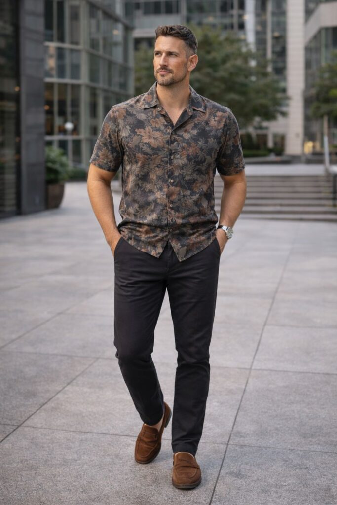 Man wearing an earthy brown-toned floral short-sleeve button-down paired with dark tailored trousers and brown loafers, styled for a sleek, city-ready look that feels confident and grown-up without trying too hard.