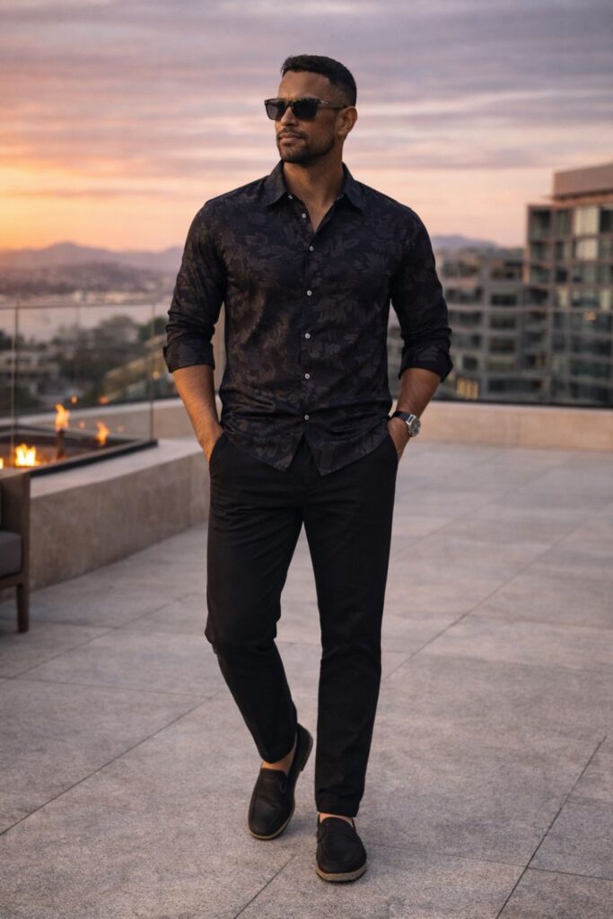 Man wearing a dark, subtle floral button-down styled with sleek black tailored trousers and minimalist loafers, finished with sunglasses for a bold, elevated evening look at sunset.