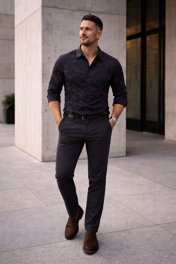 Man wearing a dark tonal floral button-down tucked into tailored navy trousers with a brown leather belt and loafers, styled for a sharp, modern business-casual look that feels confident and refined without being flashy.