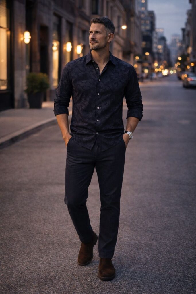 Man wearing a dark navy tonal floral button-down with tailored navy trousers and brown suede loafers, styled for a sleek evening city look that feels confident, mature, and effortlessly sharp.