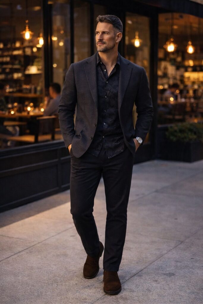 Man wearing a dark tonal floral button-down layered under a charcoal blazer, paired with tailored black trousers and brown suede loafers for a sophisticated evening look that feels powerful and polished without looking costume-y