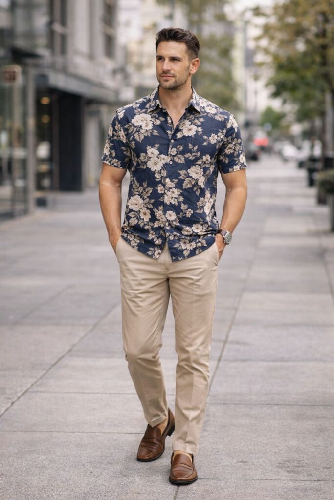Man wearing a navy floral short-sleeve button-down paired with beige chinos and brown loafers, walking confidently down a city street.