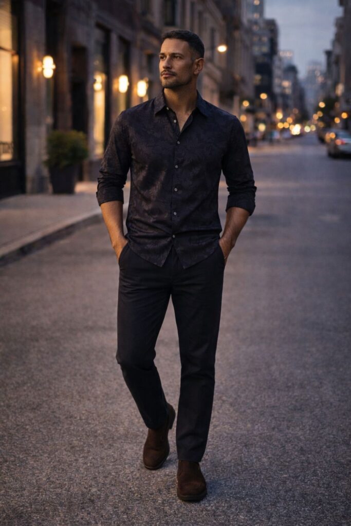 Man wearing a dark, tonal floral button-down with tailored black trousers and brown suede loafers, styled for a sleek evening city look that feels confident, modern, and effortlessly sharp.