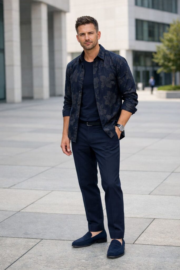 Man wearing a dark tonal floral shirt layered open over a navy tee, paired with tailored navy trousers and matching suede loafers for a clean, modern smart-casual look that feels confident and put-together without trying too hard.