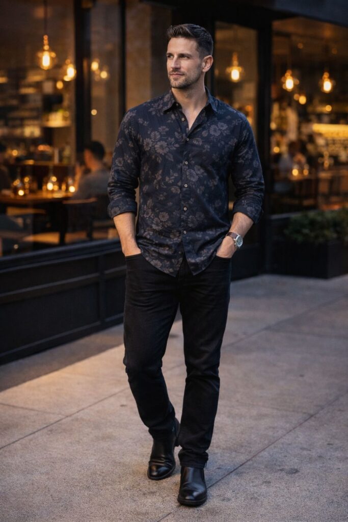 Man wearing a dark, subtle floral long-sleeve button-down paired with black jeans and black boots, styled for an evening city look outside a softly lit restaurant.