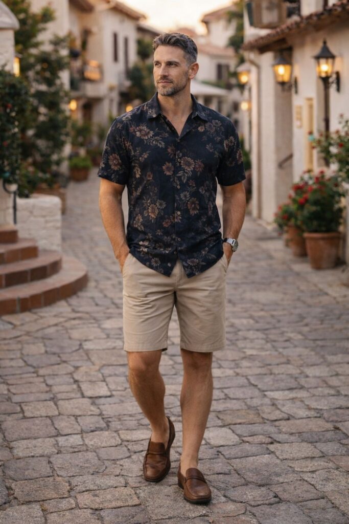 Man wearing a dark floral short-sleeve button-down paired with tailored beige shorts and brown loafers, styled for a relaxed yet polished evening look on a charming cobblestone street.