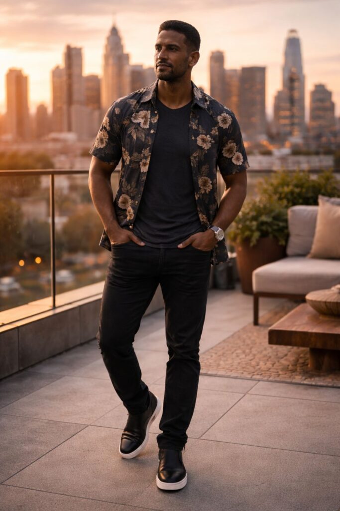 Man wearing a dark floral short-sleeve shirt layered over a black tee, paired with black jeans and sleek black sneakers, styled for a modern rooftop sunset look with city skyline in the background.