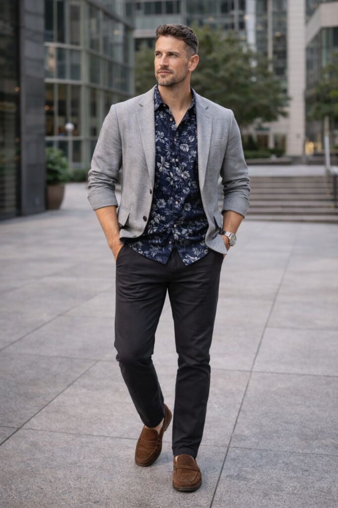Man wearing a navy floral button-down layered under a light gray blazer, paired with dark trousers and brown loafers for a polished smart-casual city look.
